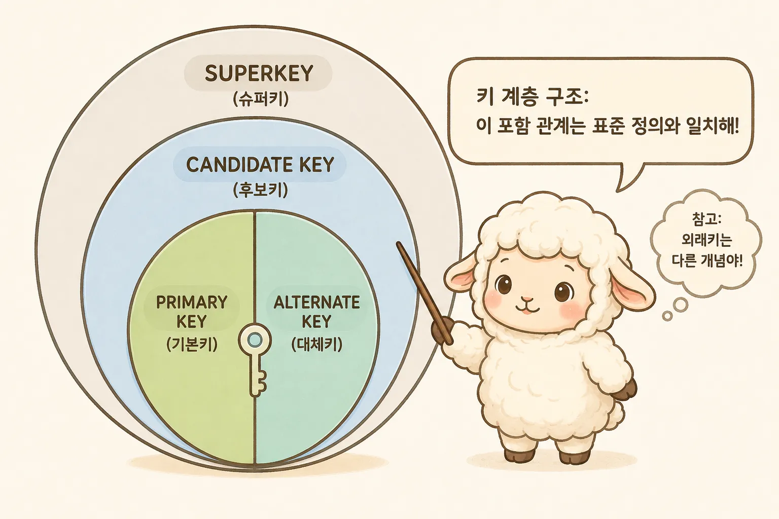 슈퍼키 안에 후보키가, 후보키 안에 기본키와 대체키가 포함되는 키의 계층 구조를 나타낸 그림